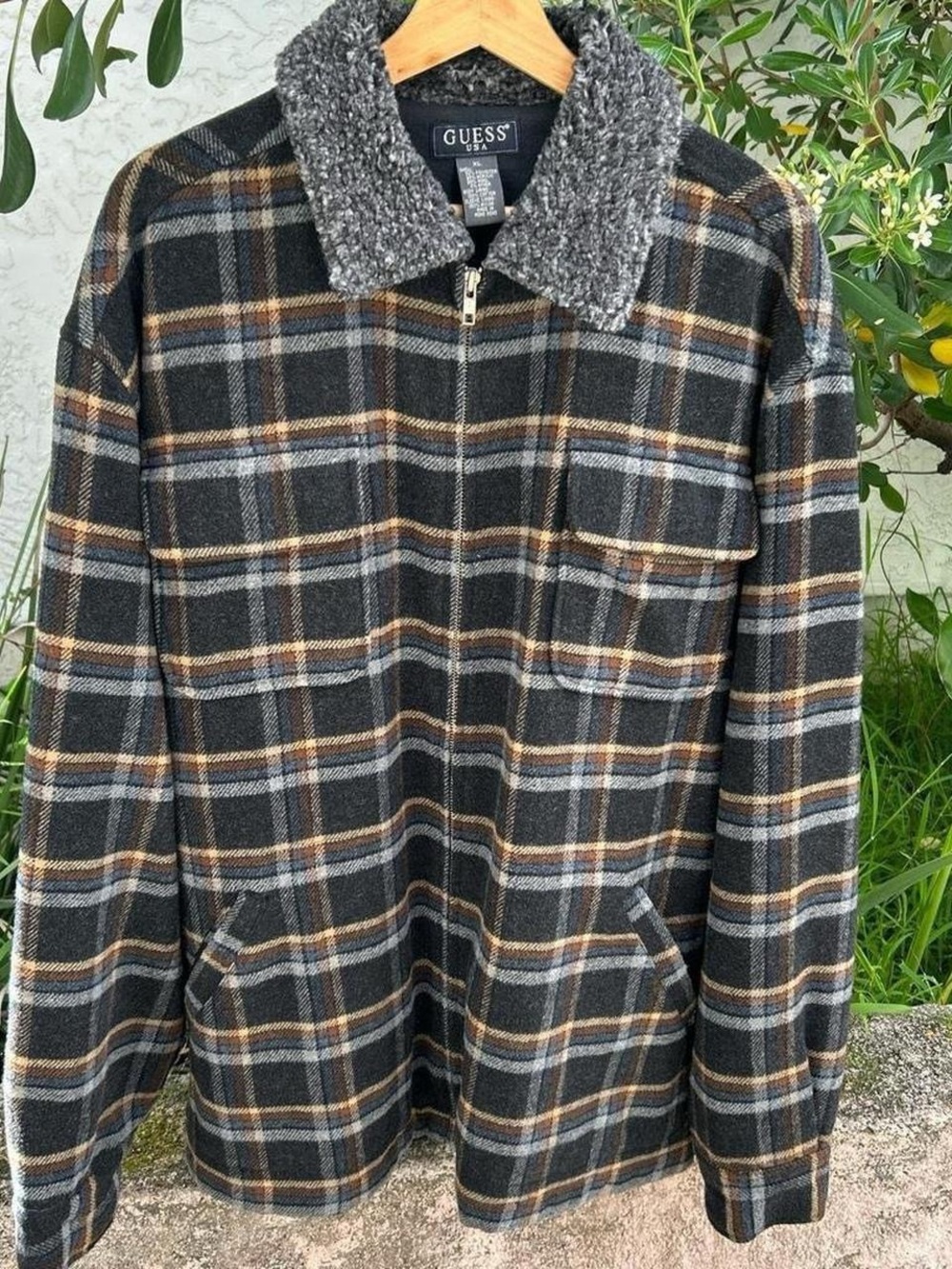 Vintage 1990s Guess USA Plaid Wool Blend Sherpa Collar Jacket XL